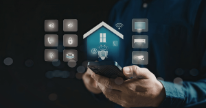 Hình ảnh minh họa hệ sinh thái Tuya Smart Home với các thiết bị kết nối qua điện thoại.