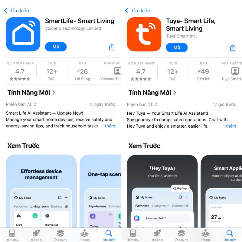 Giao diện so sánh ứng dụng Smart Life và Tuya Smart trên cửa hàng ứng dụng App Store