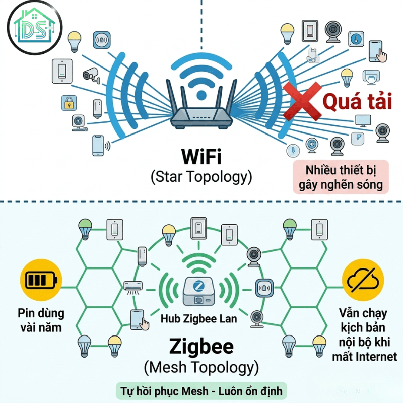Sơ đồ so sánh WiFi vs Zigbee hiển thị khả năng Mesh Network của Hub Zigbee và tình trạng quá tải WiFi