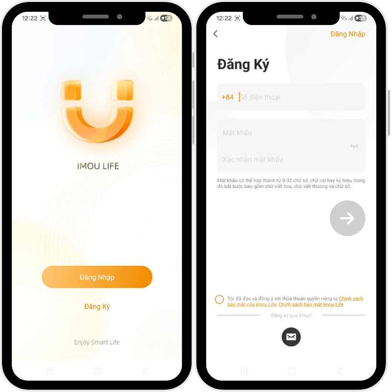 Giao diện đăng ký và đăng nhập tài khoản trên ứng dụng Imou Life