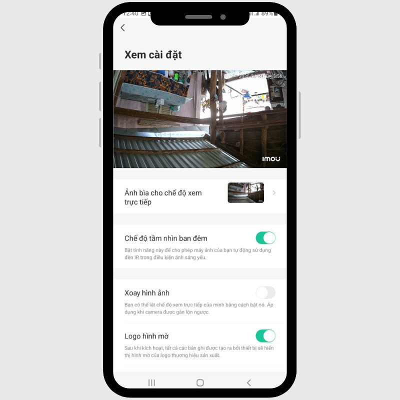 Giao diện cài đặt xoay hình ảnh và chế độ tầm nhìn ban đêm trên app Imou Life