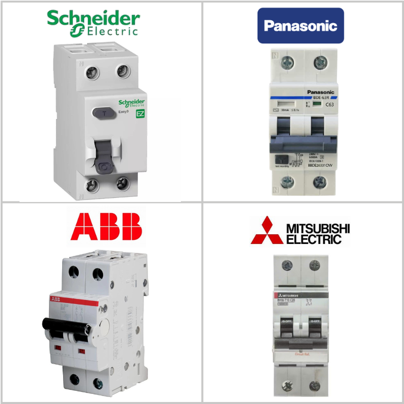 Hình ảnh so sánh thiết bị điện của các hãng aptomat cao cấp bao gồm Schneider Electric Panasonic ABB và Mitsubishi Electric
