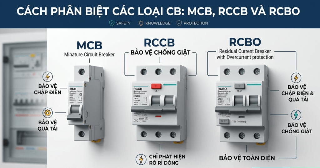 Cách Phân Biệt Các Loại CB: MCB, RCCB và RCBO — Tránh Mua Nhầm, Mất Tiền Oan Banner infographic hướng dẫn cách phân biệt các loại cb mcb rccb và rcbo của diensmart